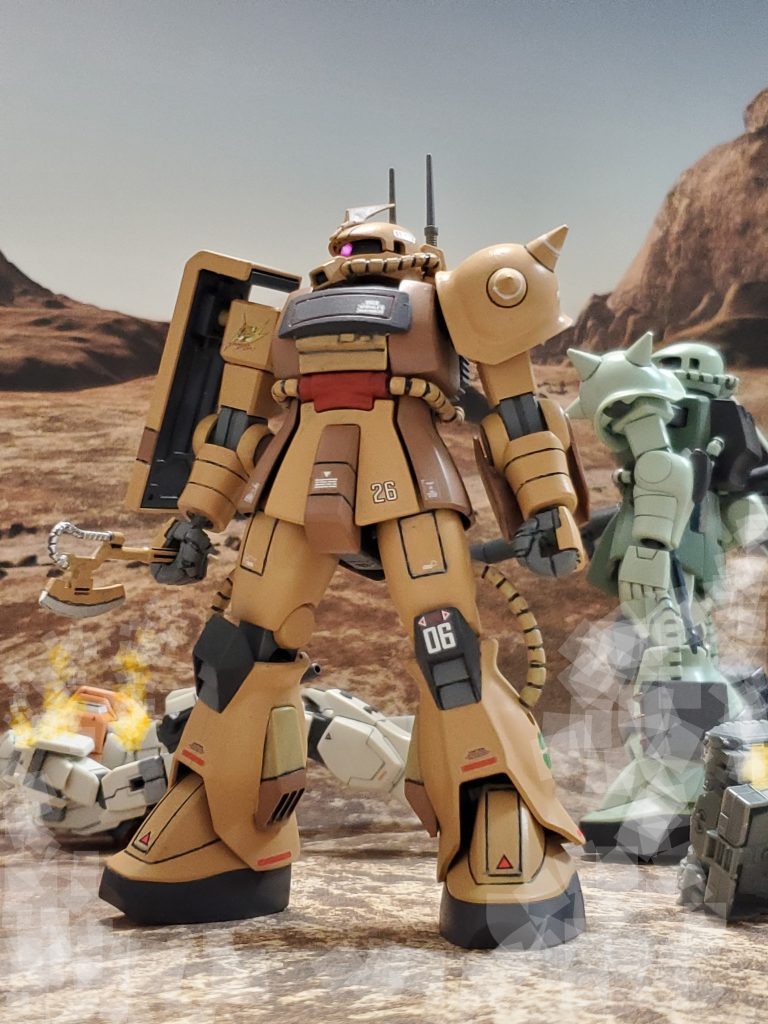 戦闘終了後、試作機の戦闘データは即座にカリフォルニアベースに送られ、正式なMS-06Dザク デザートタイプ量産のための最終調整に反映される🎶この結果により終戦までに総計114機が生産され全機がアフリカ戦線に配備される事となる😌✨この後、カラカル隊にはトロピカルテストタイプドムなども配備されるがマシントラブルが多く、一年戦争末期の連邦によるアフリカ掃討作戦時に、ロイ・グリンウッド少佐は再び試作型ザク デザートタイプで出撃していたとの事である……💫以上、私の妄想イメージによるYMS-06D先行試作型ザク デザートタイプの活躍ぶりでした~😊🎶