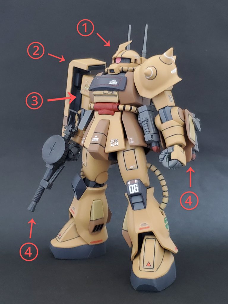 after状態~😊🎶いつも通りの筆塗り塗装とマーキングシールも貼り、最後は艶消しスプレー👊✨右肩にはパーソナルマークのサンダーキャット😸のマーキングを施した先行試作型ザク デザートタイプが完成しました🙌❗今回の改修ポイント~🤩①頭部のモノアイスペース?を少し潰れた感じにするために高さを1㎜ほど削り、モノアイが🟣にならないようにしてみました🎵アンテナは試作機という事でシングル・ダブル両方付けてトリプルアンテナ📡にしてます😅②肩のシールドはデザートタイプらしくするため、角部分をヤスリで削り込みました❗角度を得るために貫通ギリギリまで削っております💦③特徴的な胸板の移植❕もう少し奥に付けられるようにしたかったのですが、私の今の技量ではこれが限界でした😢なんとか違和感ないかな~と自分に言い聞かせてます😅💦④武器のマシンガンは旧キットからそのまま使用🎶腕と腰のミサイルポッド、クラッカーポッドも流用してます✨ミサイルポッドは穴が開いてるだけだったので、ザクのフットミサイルをはめ込んでみました👍