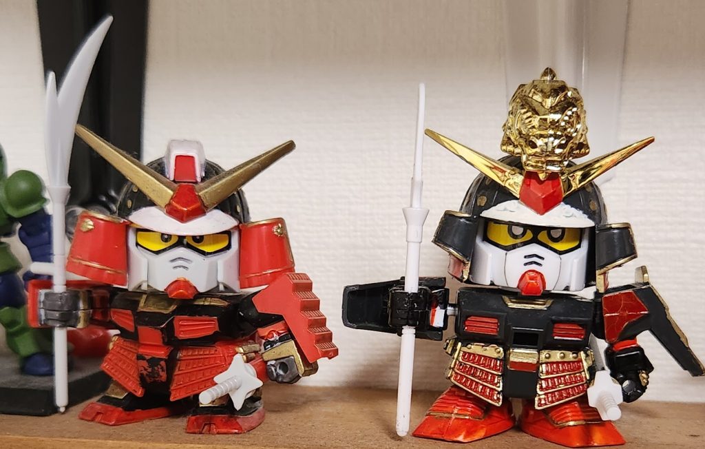 塗装した武者頑駄無with農丸。塗り始めると2体とも色が全く足りない！後、ガンマカEXホワイト無かったら死んでた。(汗)