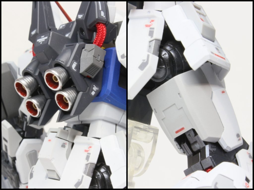 バーニアはシルバーに光沢内部は赤と金に塗り分けてます(ビルダーズパーツとか使えば良かったかな今更)内部のフレームはMK-Ⅱならではのムーバブルフレームをイメージして光沢です。サフを吹いてガイアのピュアブラック光沢それからパールシルバーを吹いてクリアー光沢です。