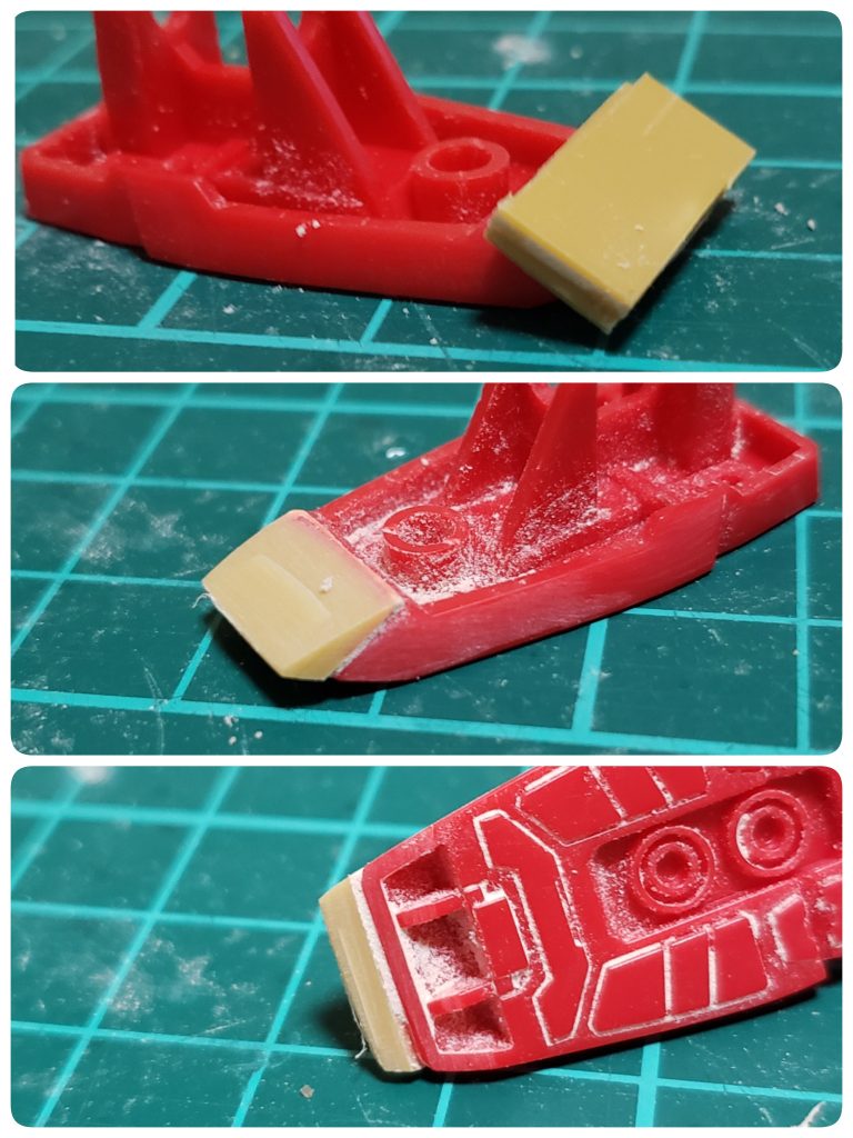 つま先部分が幅が狭いように感じたので2mm延長してます。1mmプラ板を2枚重ねてつま先部分に接着して気合いでヤスリがけで形を出しました。