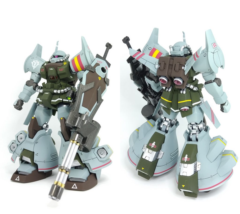 アニメのカラーとは違い、ガンダムベース限定はミニタリーなカラーリングでしたので、それに従い塗装。専用デカールもたくさんあり、よりリアルになります。つや消しベースですが、パイプ、バーニア、サーベル、ガトリングなどは光沢にしてメリハリ付けました。若干ですが、肩部と背面の翼にスジ彫りを追加しました。