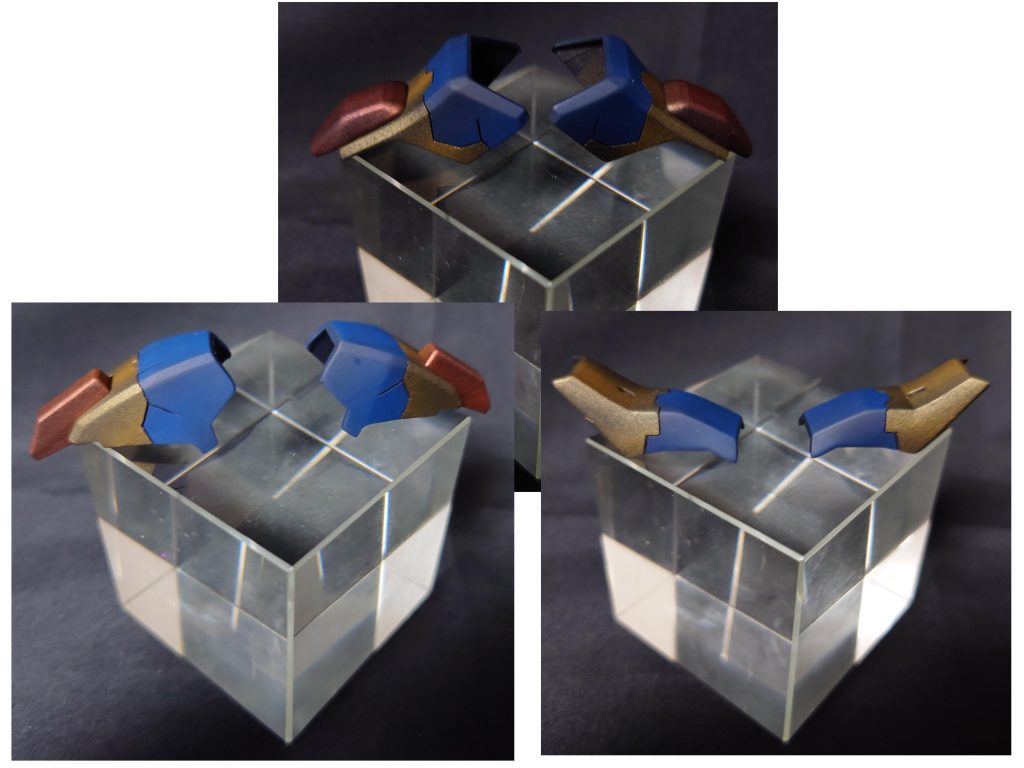 アサルトパーツ　一覧上：肩パーツ下左：脚パーツ下右：腕パーツどれも前回使用したMGスーパーガンダムの残りパーツ。MkⅡの脚パーツに新規にスジボリして部分塗装したものとなります。