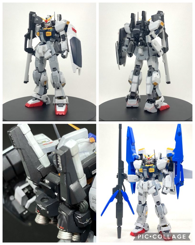 サフ前全体像です。今回はポリパテ等は使わず、ほぼプラ板のみで整形しています。グレーの箇所がプラ板を貼った場所です。バックパックにはGディフェンサーとのドッキング用の3ミリ穴を開け。それを可動式のハッチでカバーするギミックを追加。そうです。今回のプロジェクトはスーパーガンダムへと続くのです。