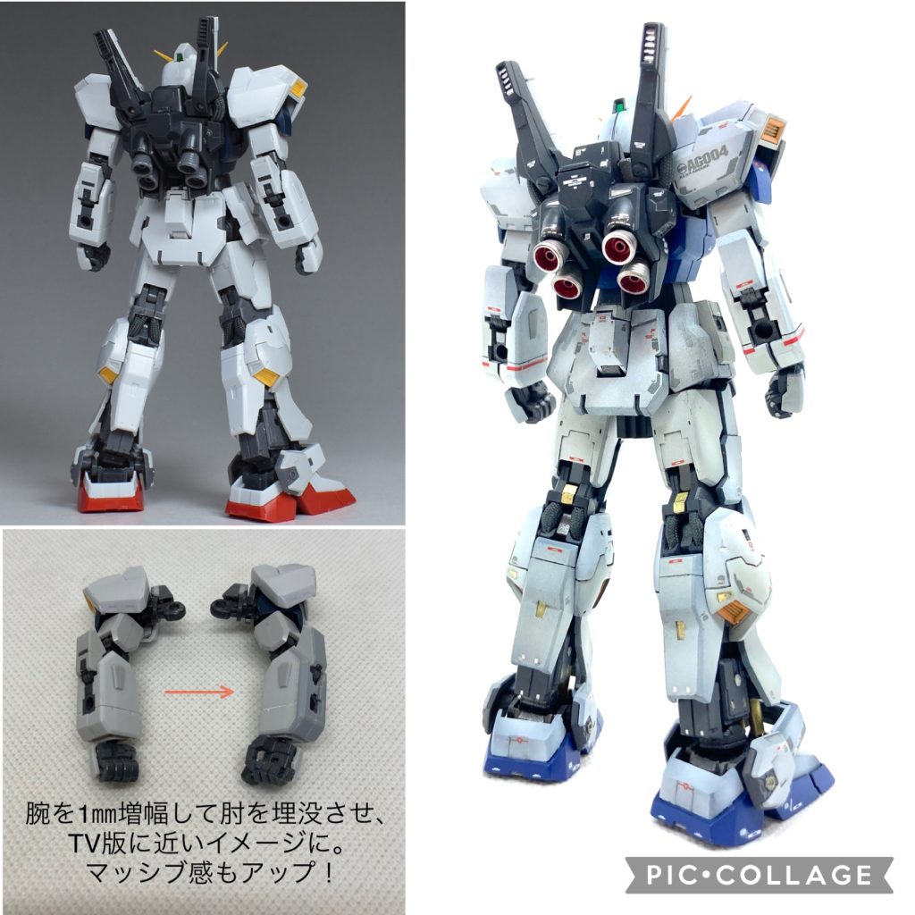 後ろから。脚の装甲、スカートの形状はアニメ版に寄せて加工しました。肘はプラ板でディテールを埋めて硬質なイメージに。また、腕をプラ板で1ミリ増幅して肘を埋没させ、アニメ版のイメージに寄せて肘と腕の一体感を高めました。