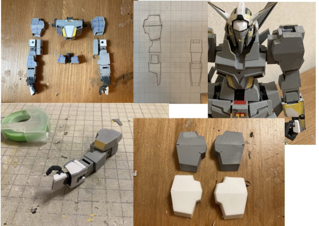 【肩部・腕部】前腕とマニピュレーター以外はプラ板とパテによるスクラッチです。肩装甲はレジン複製で左右を揃えています。