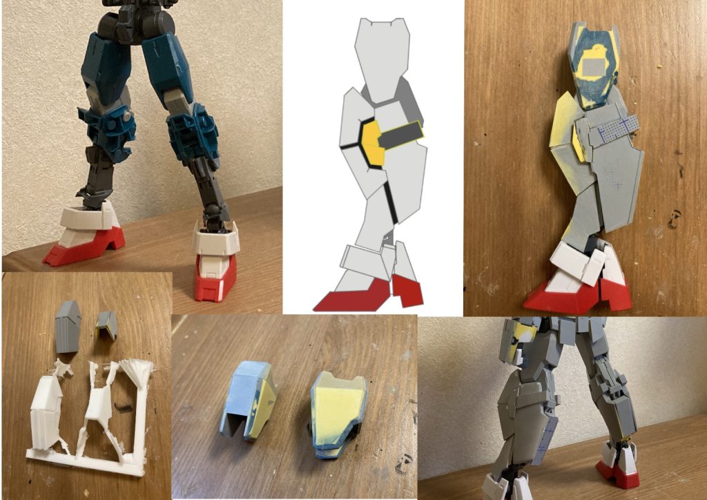 【脚部】「MGガンダムAGE-1」と「FM カラミティガンダム」のハイブリッドです。procreateでラフを描いて、それに合わせてプラ板とパテで外装を作りました。同じパーツ作るのは無理だったので今回は複製で左右を揃えています。