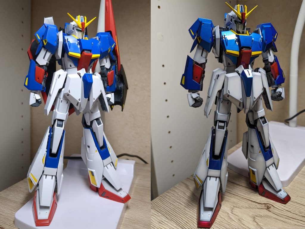 左：仮組み後、右：つや消しトップコート前  メタリック感が思いのほか綺麗なので、キャンディ塗装的に光沢クリア吹こうか迷いましたが、初志貫徹でつや消し吹きました 