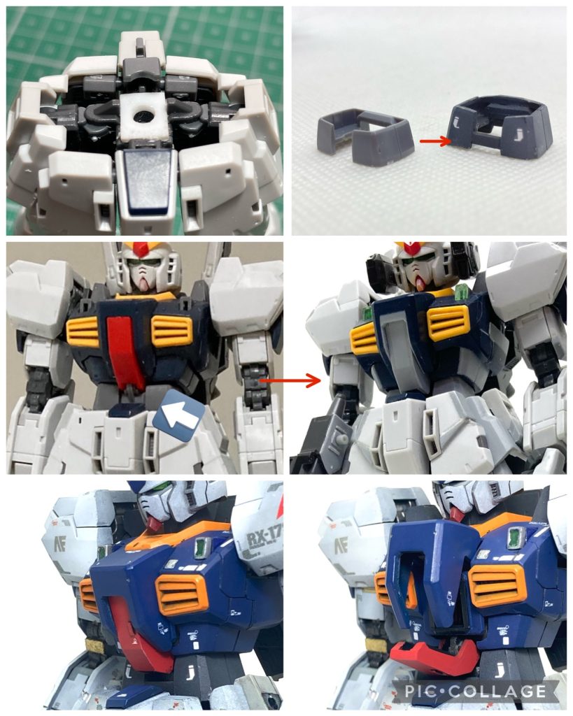 腰ジョイントにプラ板を挟み込み1ミリ延長。これにあわせて腹部パーツも延長。コクピット下に大きな隙間ができてしまうので、デザインを変更。気づいたらもう別物(^^;; あわせてマッシブさを出すため、プラ板で胴を増幅。コクピットハッチのヒンジが露出しているのが嫌だったので、ハッチをプラ板で自作。ハッチが全開するように、ヒンジを加工して取り付け位置を1ミリほど前にしてあります。