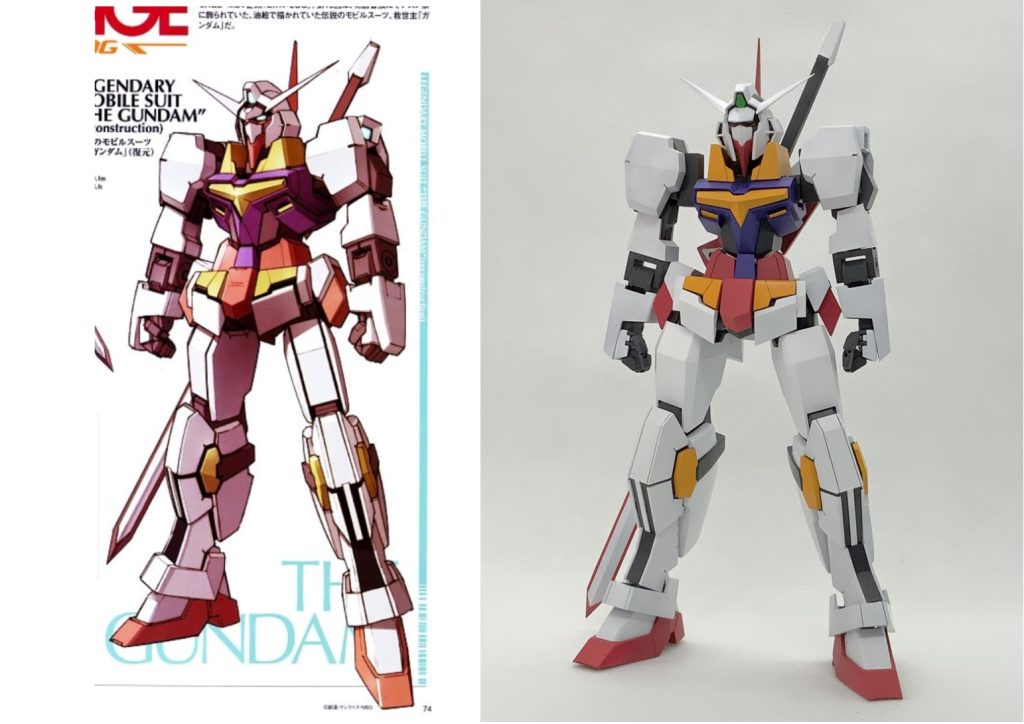 『ザ・ガンダム(復元)』と比較今回の作品は「空想」をテーマとし、兵器感・現実感が出ないように元デザインから部分的にディテールを省略しました。(海老川先生申し訳ございません!)