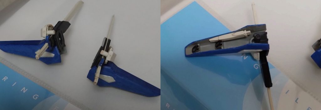 そんなエクシアインパルスには追加アーマーがあり、近接戦闘用の武器を追加。このアーマーは肩に装着。対装甲ナイフ×2、9.1m対艦刀×2、GNビームサーベル×2が装備されています。ビームサーベルはアーマーの裏に隠された形で装備してます。 このアーマーはコレクションキットのプロヴィデンスの肩を使用。後は接着剤でいろいろくっつけました。