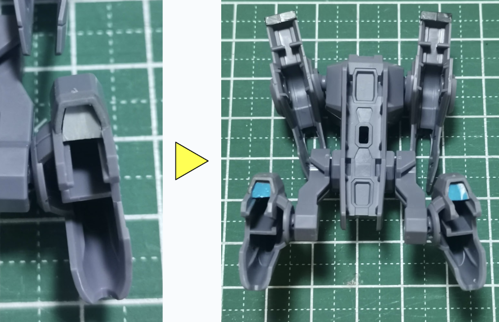 プラモの説明書では確認できなかったのですが、公式サイトでは青いパーツがあるようです。プラ板を嵌め込んで、ブルー系で塗りました。