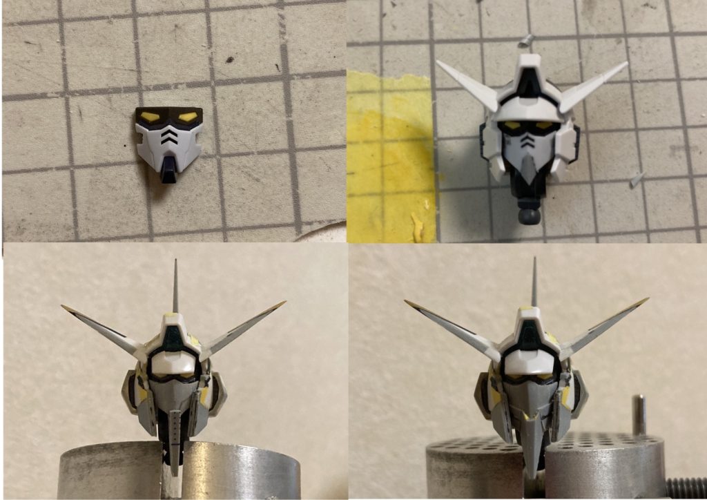 【頭部】ベースは「MGガンダムAGE-1」ですが、フェイスだけ「MG FAガンダム Ver.Ka(TB)」に差し替えています。
AGE-1のママの方が楽でしたが、初代ガンダムへの敬意を込めて差し替えました。