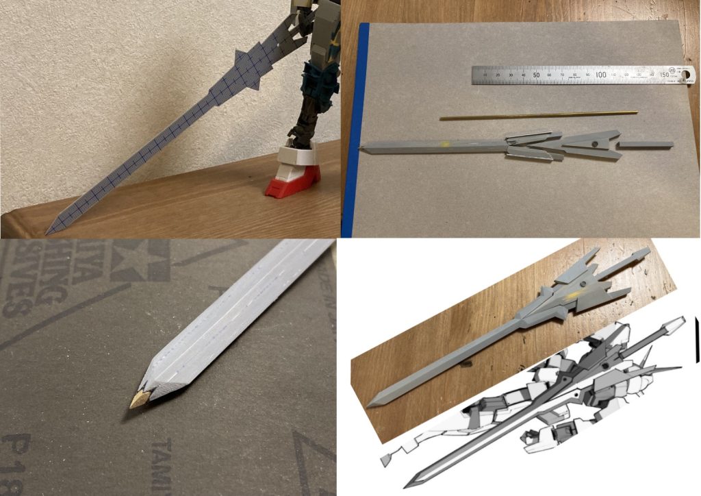 【エクスカリバー】プラ板とパテのスクラッチです。2mm真鍮線を囲むようにプラ板を組んで作成しました。先端に真鍮線を仕込み、ヤスリで削り上げてシャープにしています。刺さる!