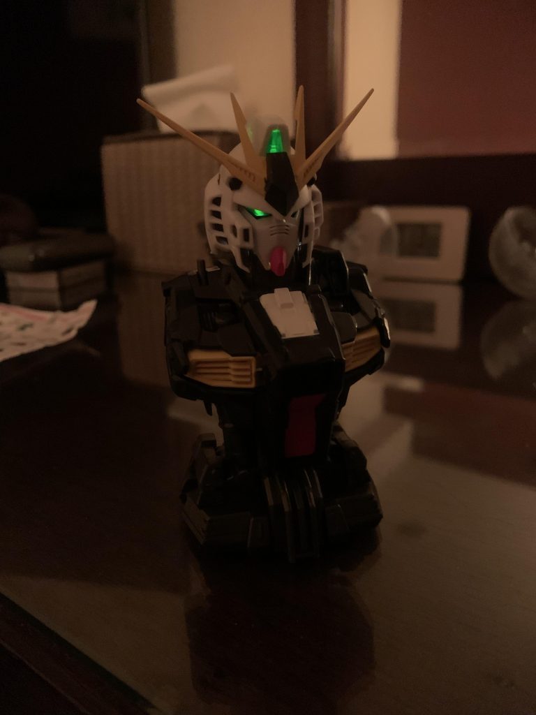 お目々ぐぽーん状態(ザクじゃないけど)。トサカのクリアグリーン部はテッペンは遮光のために黒で塗装されてるけどサイドは遮光塗装していないので透過して少し光漏れ。これは塗装時に要対策。