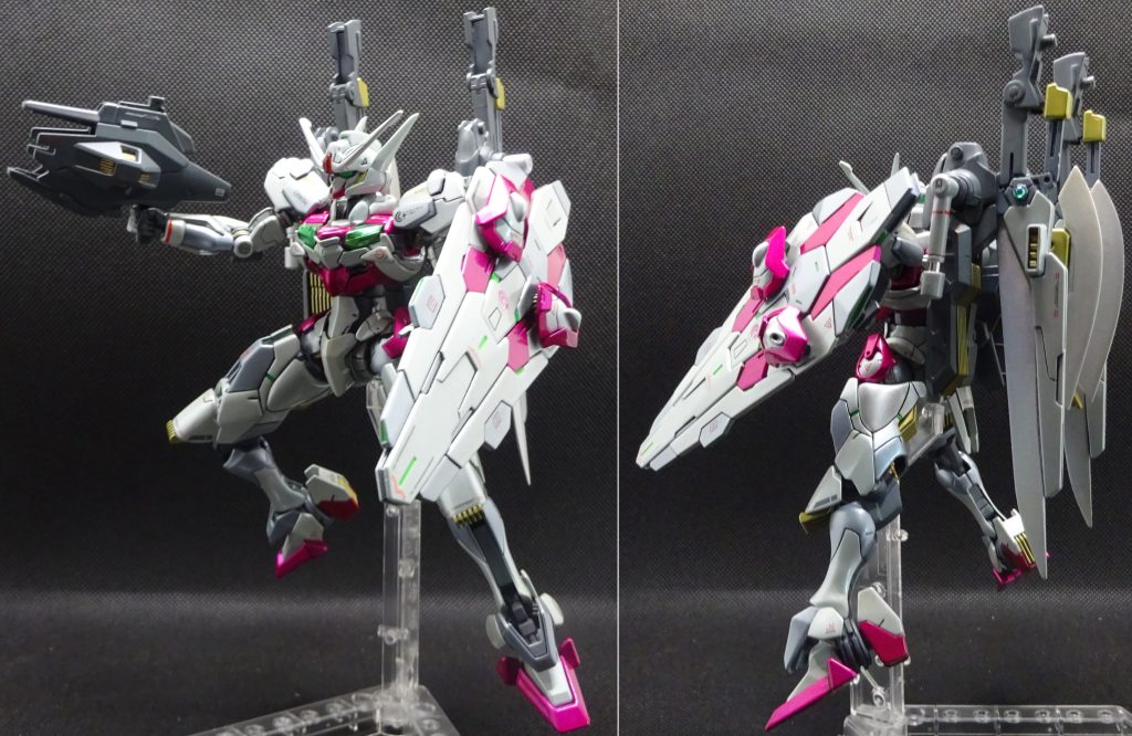 まずシールドとライフルっていうオーソドックスなスタイルです ルブリスのレシーバライフルは ビットとして飛ばせるんじゃないかと思って 説得力を持たせるため左右の4つの窪みにフィン状のスラスターを埋め込んで 発射口にもディティールアップパーツを取り付けてます(見えませんが)今作ではライフルをマザービットとして自立飛行できるものと考えます あと肩のピンクのパーツを切り離しビット兵器化 磁石で各部に脱着可能にしました エアリアルのシールドっぽくシールド前面に取り付けたり・・・