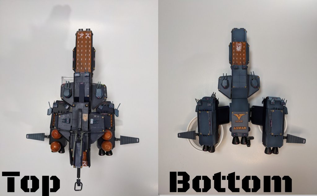 直上と艦底から。MS甲板に「アス」と記載があるのは旧帝国海軍航空母艦へのオマージュです。本当は「ア」にしたかったのですがそれだと「アレキサンドリア」か「アル・ギザ」か「アスワン」か「アの国」か判別出来ない為、止む無くこうしました。アスワンには日系人もいるから多少は、ね? 重巡洋艦という事で主砲は20サンチ砲をイメージして造りました。単装砲も20サンチ単装砲。重巡は黙って20サンチ!(帝国海軍脳)