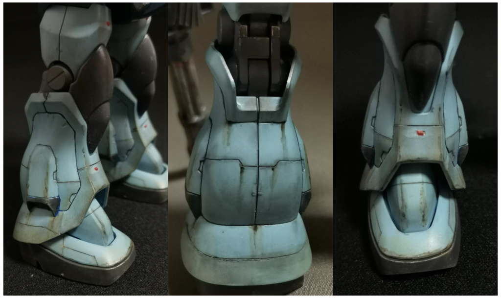 足の制作・新規スジボリ（一部プラ板でテンプレートを使用）・ふくらはぎ部分のスラスター塗装＆足裏バーニア塗装（色合いをもっと考えるべきだった）・レッドポイント追加（マイナスモールド＆伸ばしランナーを接着）・ウェザリング（泥汚れ、雨垂れ表現）