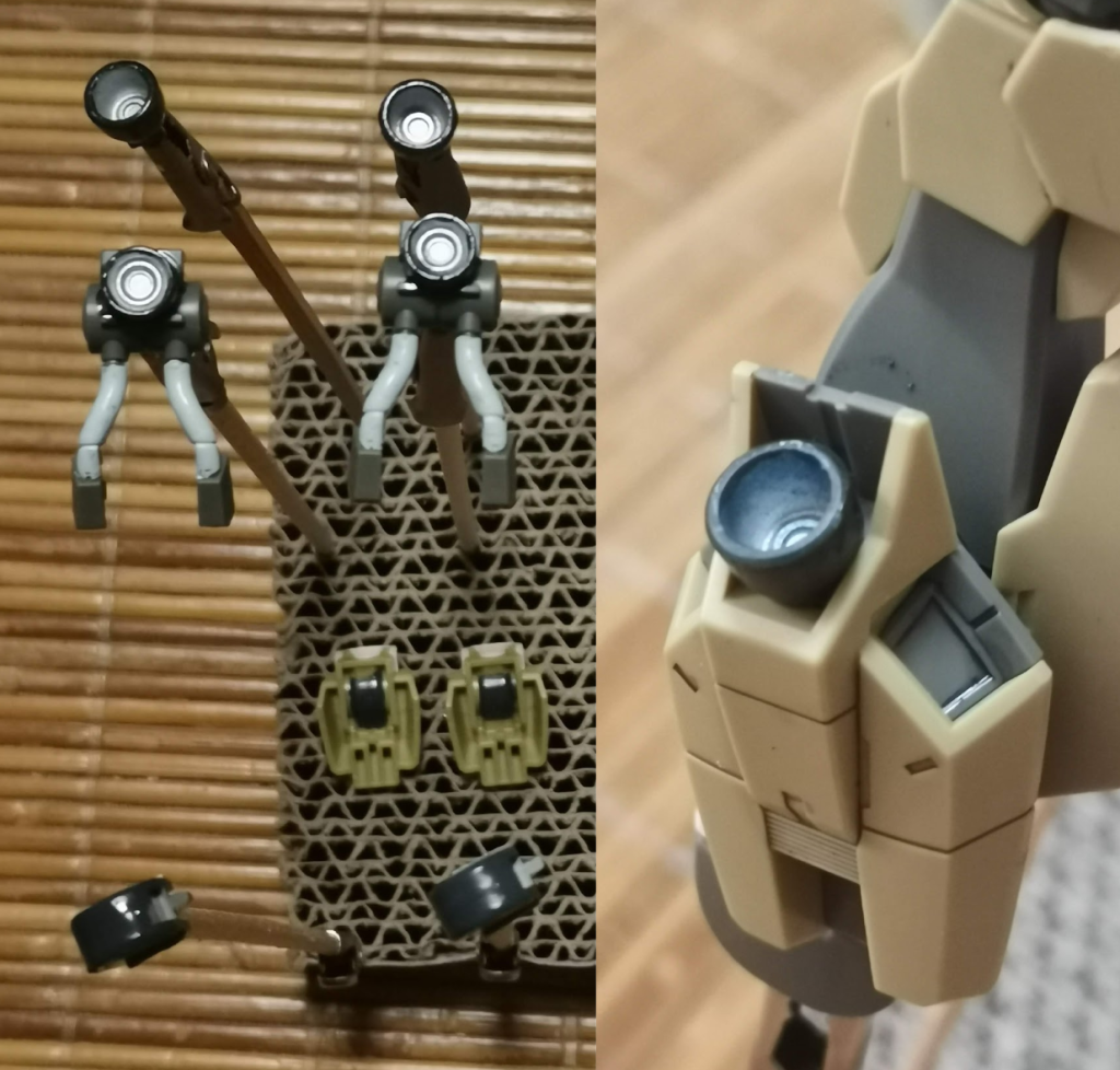 説明書のイラストや、公式サイトの設定画を参考に部分塗装を施しました。バーニア内部はシルバー塗装＆ウェザリングマスター（青焼け）