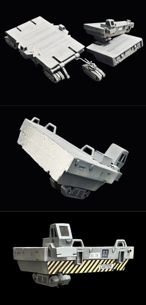 トレーラーや搬入機も実は高密度発泡スチロールをカッターで型取り、その表面にプラペーパーを貼って仕上げています。