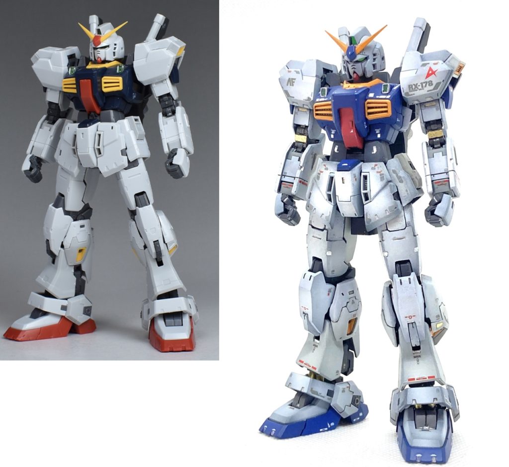 前から。首、胴を1ミリ、太ももを2ミリ延長して人体に近いプロポーションに改修。スマートになったぶん、腕、脚の各所を増幅してマッシブさを損なわないようにしました。フロントスカートの形状はアニメ版によせて先を尖らせ、ダクト周りの段差の角度を変更しました。