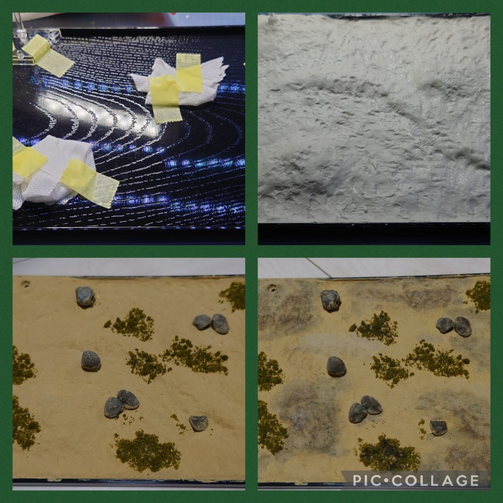 100均に売ってたおぼんを使用しました。滑り止め加工されてるので、粘土の食い付きが良いです!水星の魔女のウェポンベースと嵩上げを入れて、紙粘土を敷き詰めています。タミヤのテクスチャペイント(ライトサンド)を塗るだけで砂地表現ができます。ただテクスチャペイントだけだと、高低差があるとは言えのっぺりしてしまうので、濃淡を付けます。