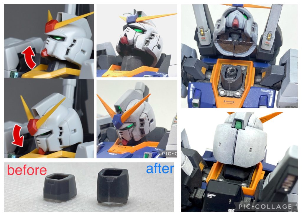 首はジョイントのボールを切除し、2ミリ穴を開け、市販のボールジョイントを差し込むことで延長。これによって首は若干伸縮するようになり、可動範囲が拡大。首の装甲はプラ材で延長。うなじも整えました。