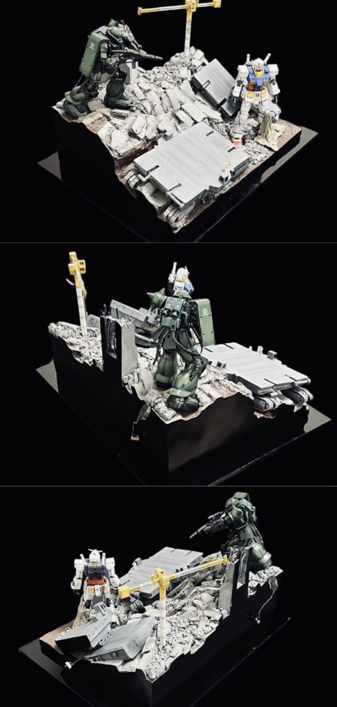 ジオラマ全景です。コミックでは、サイド7の巨大な圧力隔壁をぶち破り基地区画から居住区画へ雪崩落ちる様に侵入してきたジーンのザクがとても印象的です。基地区画から鉄道を使い居住区へ避難して来たガンダム搬入機が制御不能となり脱線。ジーンが滑り込んで来た場所からガンダムが立ち往生している場所までは、かなりの急勾配に見て取れます。その為、ガンダムとザクとの高低差を付けるべく、ベースをかなり盛りました。素材は高密度発泡スチロールです。瓦礫の素材も同じですが、表面に壁補修剤をヘラでコーティングしコンクリートらしさを表現しました。