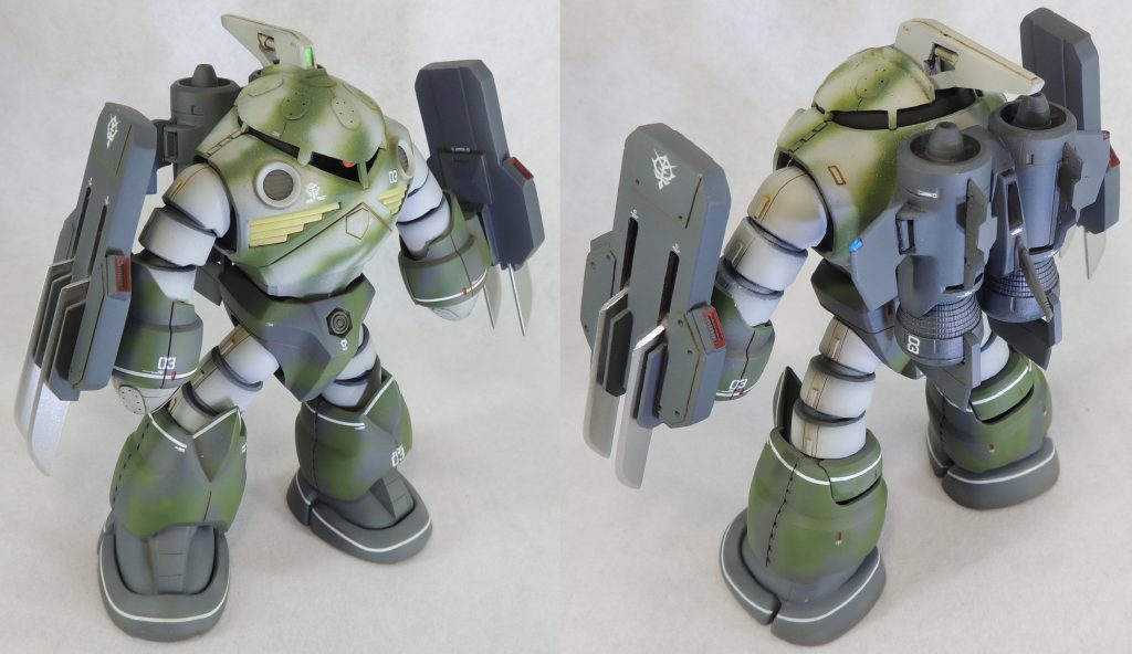 カラーリングは設定画に準拠。ホワイトのラインはマスキング処理。マーキングとウェザリングは、全体的に控え目にしました。