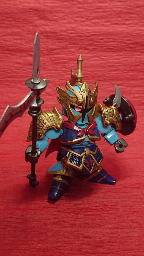 SD三国伝は学生時代に見ていました。当時は少し下火だったSD系の作品ということで個人的にドはまりして、毎月の新キットを自転車でプラモ屋に行って買い漁っていました。このキットは最後くらいに出てたもので、引っ越し荷物に入り込んでいたものです（笑）