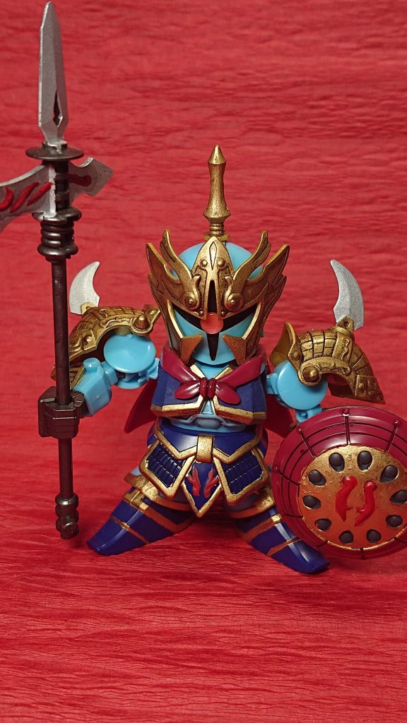 劇中では呂布に次ぐ地位だったようです。このころの三国伝は人物とモチーフのMSの組み合わせがツボでした。ゲームの三国無双シリーズも好きだったので、ニヤニヤしながら楽しんでました。今も続くSD三国系は流れに乗れてませんでしたが、楽しく見ているので、どれか作ってみたいですね。拙い作品でしたが最後までお読みいただきありがとうございました。では次回を待て！