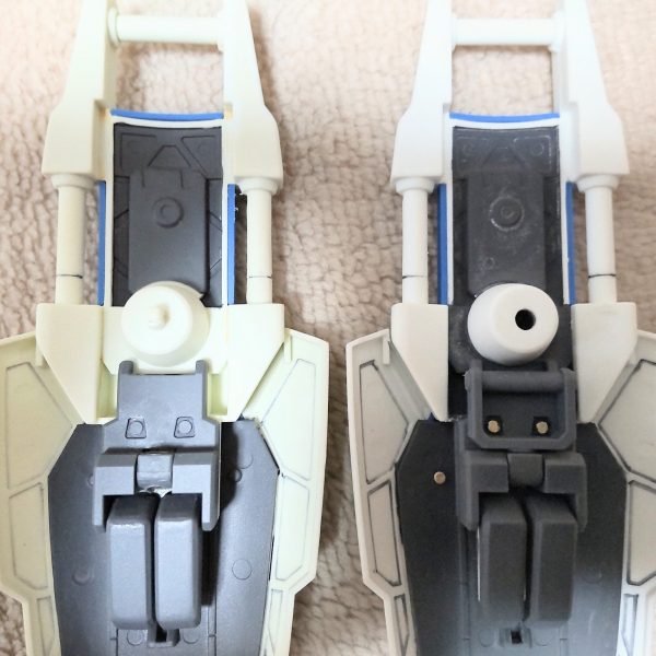 MG GP01-fb シールド改造左側が元のシールドでダボ1ヶ所で腕に取り付け、右側、ダボを切り飛ばして穴を開けてポリキャプを仕込みました。写真2枚目の接続パーツを取り付けて、シールドを取り付ける方向を変えれるようにしました。MG GP01作成される方は、何かしらの方法でされます。シールドの取り回しが変わります。（1枚目）