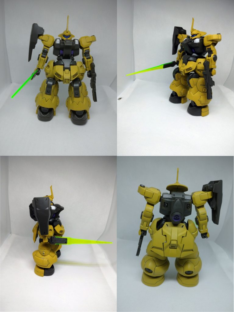 まずは初登場機体の紹介から。 緑(水色?)装甲部分をイエローグリーンに塗っただけの一般ディランザです。 でも元々のデザインもキットの出来もいいからかっこいい。 以下機体設定:ディランザ(イエローグリーン)。  金髪お嬢様キャラの搭乗機。実家がベネリットグループでも有数のモビルスーツ用ソフトウェア(機体制御マニューバAIとか)開発会社であるため、学園のデミトレーナーではなくディランザを個人所有している。ただし、お嬢様のわがまま+象徴的な意味合いが強く、予算の関係で予備パーツなどはほぼ皆無で、決闘は取り巻きを率いた集団戦で行い、本人が戦闘に参加することはほぼない。  決して本人の能力が低いわけではないが、万が一にも壊せないものに乗っている以上は仕方がないと無理矢理納得しているらしい。  主人公の初戦の相手。