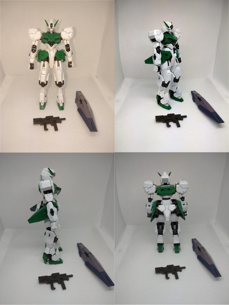 まずはガンダムヘッド+バックパックなしの素立ち各方面から。 後期主人公機という設定なので基本カラーは主役機っぽく白に塗りました。この段階では色変え以外はキットそのままです。 胸部などはパイロットの髪色からイメージを合わせてライムグリーンっぽく塗ったつもりだったのですが、出来上がったものを見てるとなんかOOの世界で狙い撃つ感じのガンダムになってしまいました… 以下機体設定:ガンヴォルヴァ部隊の指揮官機として想定されており、ルブリス量産型と比較して安価であることや他のガンビットとのパーツ共有による整備性が高いことが特徴。コクピットブロックは視覚センサーを欺く目的で他のガンヴォルヴァと見分けがつきづらいように巧妙に偽装されている。  しかし本機の最大の特徴にして呪いは、「戦闘中に中のパイロットがデータストームで戦闘不能になった場合、他の指揮官機によるパーメットリンクを受信することでそのままガンビットとして利用可能」という道徳も倫理も投げ捨てた機能にあると言える。  キャリバーンが「フィルターがないせいで乗れば死ぬ」機体であるのに対し、こちらは「死ぬまで動かし続けることを前提としている」機体という意味で、間違いなくこの機体はガンダムの呪いの只中にあると言えるだろう。