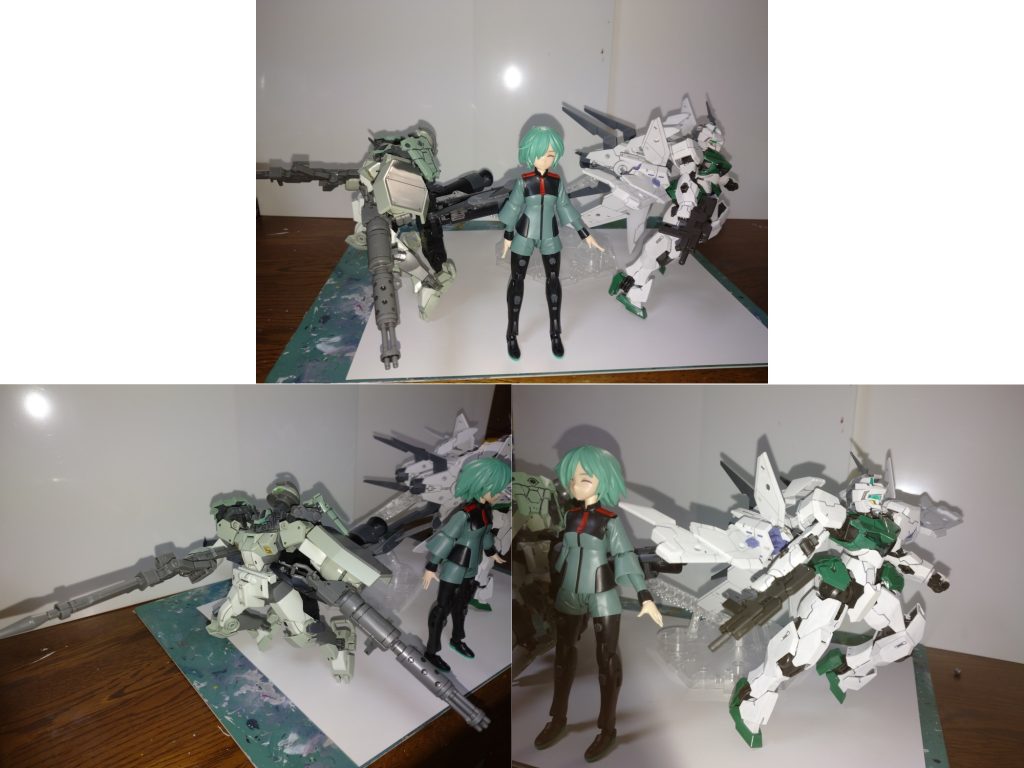 最後はFRSミオリネと30MSのパーツで組んだ水星モブ女(主人公)と前期主人公機(デミトレーナー・ザウォートっぽいヘッド)・後期主人公機(DSセイヴァー)の集合写真。 大型ブースターと大型武器を好んでることがよく分かりますね… 以上になります。最後まで見てくださりありがとうございました!