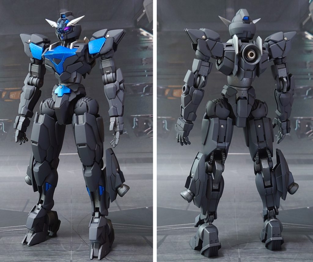 ガンダムルブリスクロスジウの前後ろ。頭部アンテナのエッジ尖らせ、肉抜き穴埋め、パーティングライン・段ズレ対処、市販パーツ埋め込み・貼り付けによるディティールアップ改造。手首は30MMのオプションセットから流用、メイン武器には、HGガンヴォルヴァのビームカービン、シールド、ビームサーベルに加え、HGダブルオーガンダムのGNソードⅡを用意しました。