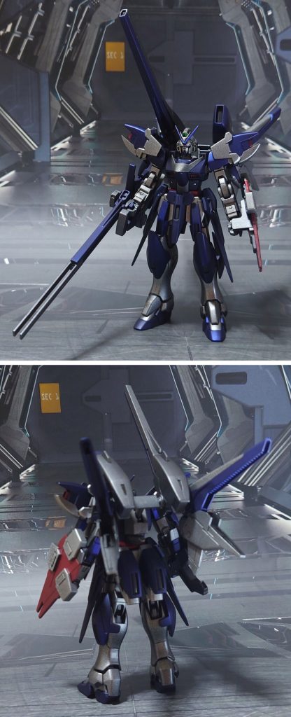 V2アサルトバスターガンダム前後ろ。工作はいつも通り、ゲート痕処理、エッジ尖らせ、穴開け、ヒケ・パーティングライン・段ズレの対処、市販パーツ貼り付け・埋め込みによるディティールアップ。首関節をポリキャップで2mm延長後、長過ぎたので少し縮めて調整しました。