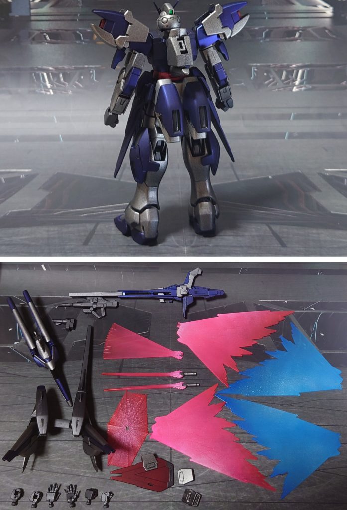 バスターパーツ無しの背中と、付属品一式。手首はビルドハンズ(角)のSサイズを一式追加。別売の光の翼エフェクトに加えてビームサーベル、ビームシールドエフェクトも入手し、蛍光カラーで塗装しました。■塗装レシピ銀:黒サフ→シャインシルバー→つや消し青:黒サフ→シャインシルバー→ディープメタリックブルー→つや消し赤:黒サフ→メタリックレッド→つや消し関節類グレー:黒サフ→ブライトガンメタル→つや消しポリキャップ:PPプライマー→ガンメタル→つや消し武器類グレー:黒サフ→ガンメタル→つや消しビームサーベル刃・ビームシールドエフェクト・光の翼エフェクト(ピンク):根本にベースホワイト→先端にメタリックレッド→蛍光ピンク光の翼エフェクト(ブルー):根本にベースホワイト→先端にメタリックブルー→蛍光ブルーセンサー・ツインアイ類∶キット付属シールを使用その他部分塗装、墨入れ:ガンダムマーカー各種→つや消し