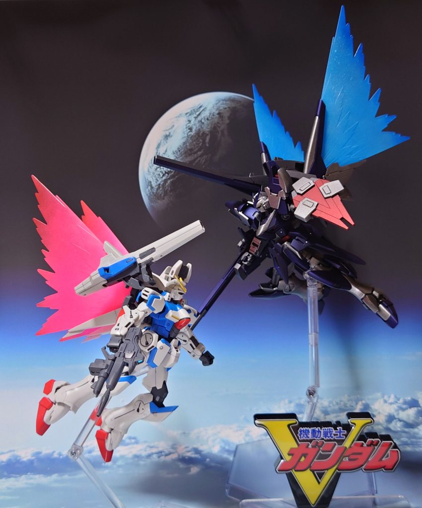 交錯するVとV!で終わり。光の翼エフェクトは、セカンドVのミノフスキードライブ下側の、グレーのパーツを外せば取り付け可能。