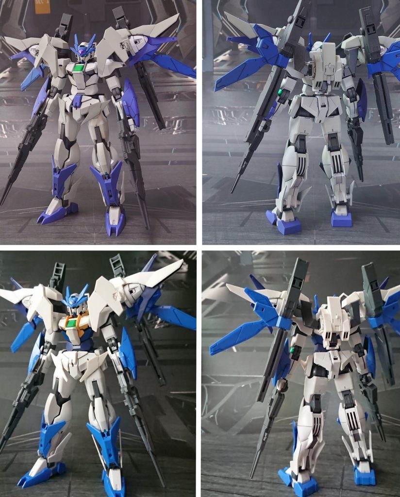 今回のオリジナルカラー(上)と、着手前のガンダムマーカー素組み状態(下)との比較。■塗装レシピ白:黒サフ→グランプリホワイト→つや消し薄グレー:黒サフ→ロイヤルライトグレー→つや消しグレー:黒サフ→ニュートラルグレー→つや消し青∶黒サフ→キャラクターブルー→つや消し青紫∶黒サフ→ブルーバイオレット→つや消し胸部クリアパーツ∶蛍光グリーン頭部クリスタル部∶黒サフ→シルバーリーフ→メタリックパープル→光沢関節類グレー:黒サフ→ブライトガンメタル→つや消しメビウスドライヴユニットスラスター部分:黒サフ→ベースホワイト→つや消し武器類グレー:黒サフ→MSグレー連邦系→つや消しビーム刃エフェクト∶根本側にベースホワイト→先端側にメタリックレッド→全体に蛍光ピンクメビウスドライヴユニットエフェクト∶根本側にベースホワイト→先端側にメタリックグリーン→全体に蛍光グリーンスカイブレイサー・レガースエフェクト∶蛍光グリーンビームサーベルグリップ:つや消しのみツインアイ、センサー類:HGダブルオースカイ ハイヤーザンスカイフェイズ付属のシールを使用その他墨入れ・部分塗装:ガンダムマーカー各種を使用