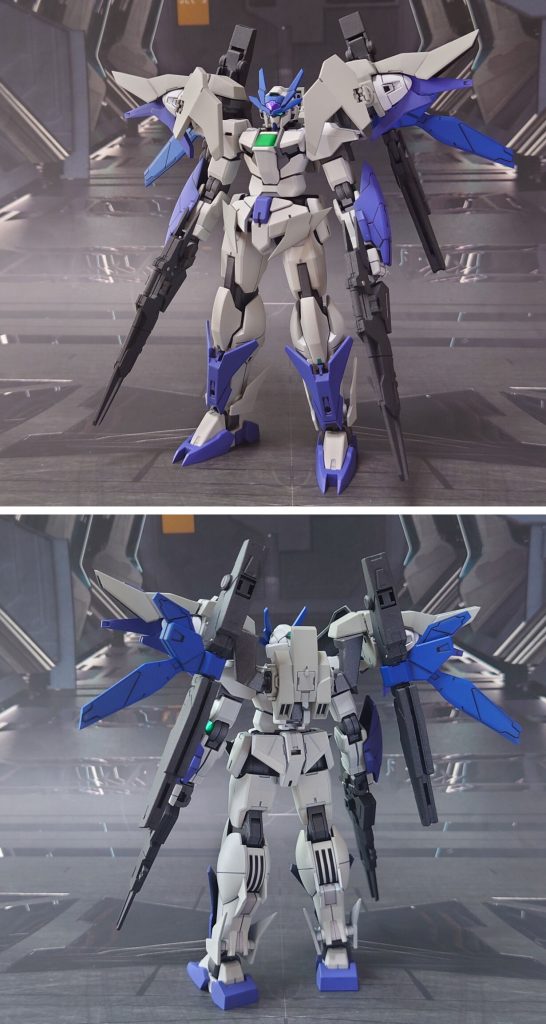 ダブルオースカイメビウスの前後ろ。基本工作として、まずは片刃ニッパーで切るまでだったゲート痕の処理、当時は技術も無かった肉抜き穴埋め、道具を揃えたことで簡単に出来るエッジ尖らせ、センスを磨いた市販パーツ貼り付け・埋め込みによるディティールアップ。充実したマテリアルを使い、手首を30MMオプションセットに置き換え、メイン武器のグリップを削って調整しました。