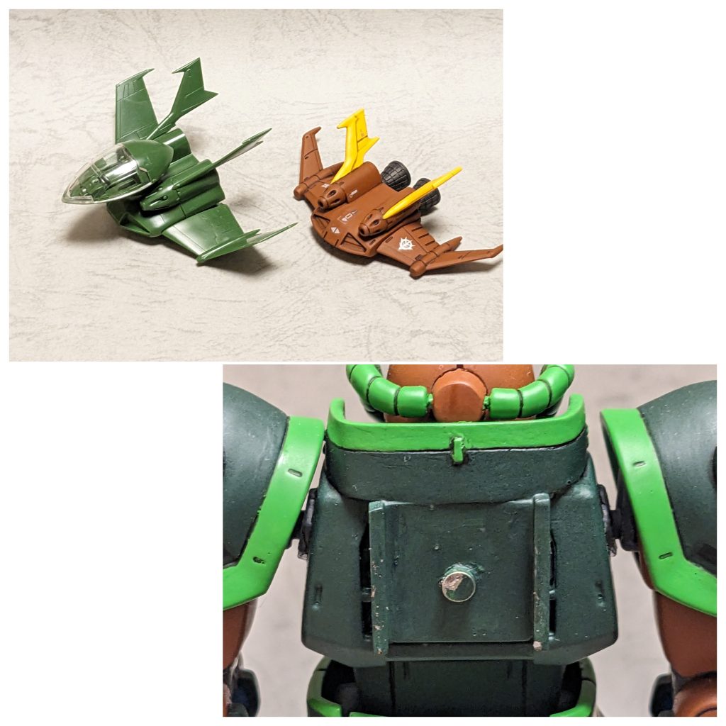 1/144ドップとのサイズ比較です。ミニドップの設定では機首が変形するのですが、使用したキットがABS製で加工がしづらいということで変形ギミックはオミットしました。ミニドップとは磁石で接続しています。