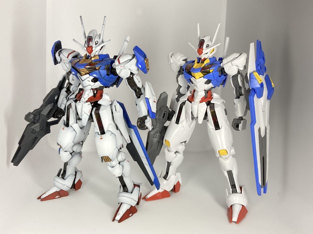 素組と比較。グラデーションで重厚感が増してる!はず!以上、HGエアリアルの全塗装完成報告でした。今後しばらくは過去作品を何個か投稿していこうと思います。塗装レシピなどブログの方で紹介していますので良ければこちらもご覧ください!https://jinbeblog.com/ではまた~。