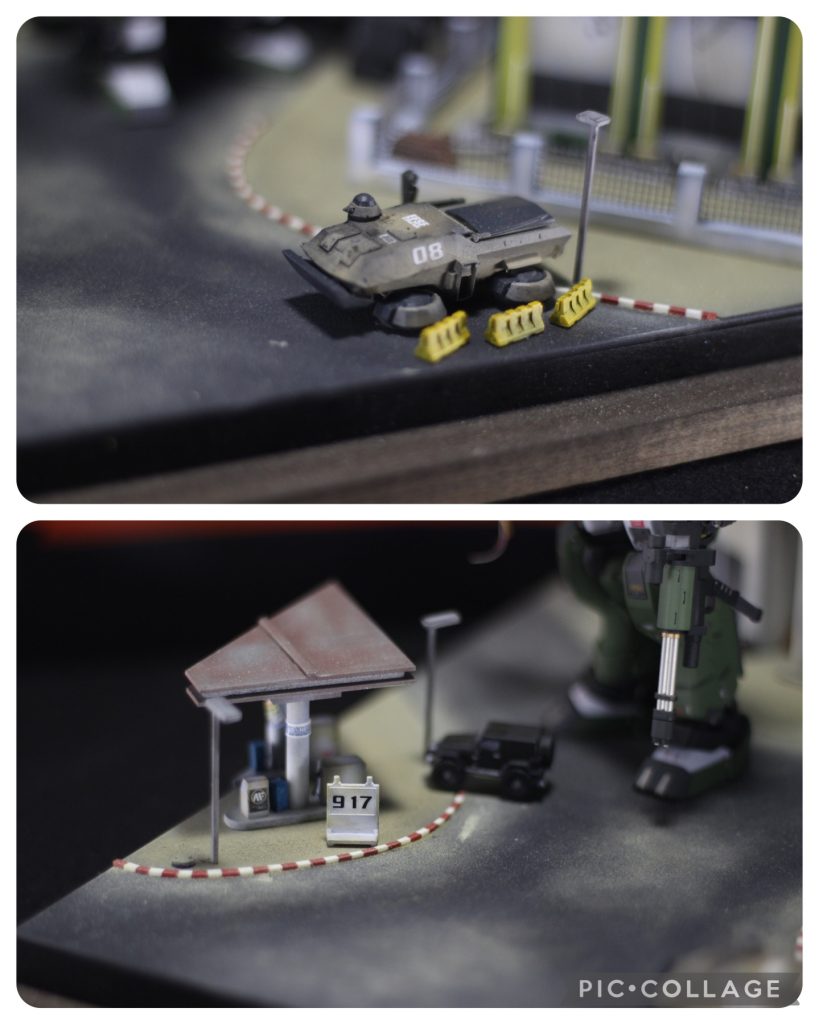 部分撮りでも色々紹介させてください。戦場感出したくてフリーの3Dデータから出力したホバートラックと車止めを配置したのと、ガソリンスタンドです。チラッと見えている車は3D出力。917と表示されている看板はNゲージの部品です。917の由来ですが今月(9月17日)に郡山で行われるRRMという展示会に参加するので、そこへの忖度です笑