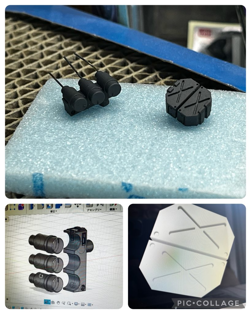 3Dプリンターを買ったからには自分でパーツを作ってみたいので、パテなどで難しそうなパーツは3Dモデリングに挑戦してみました。これは腰部につけるパーツですが特に3連グレネードは今後も使えそうな感じがしています。なんとなく「パーツ作ってみよう」だとなかなか手が進みませんが「この機体のこのパーツを作りたい!」っていう具体的な目標があると意外とやり切れるもんだと気づけたのは大きな収穫でした。