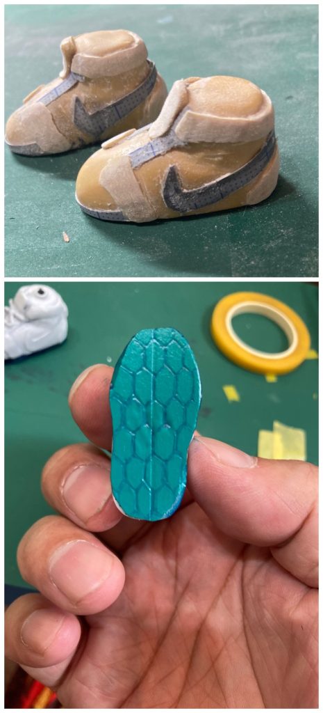 AIR JORDAN1をイメージして作成しました。アウトソールはシューズ本体と分けて制作。パテで作ってシューズの形に切り出してスジ彫りしました。