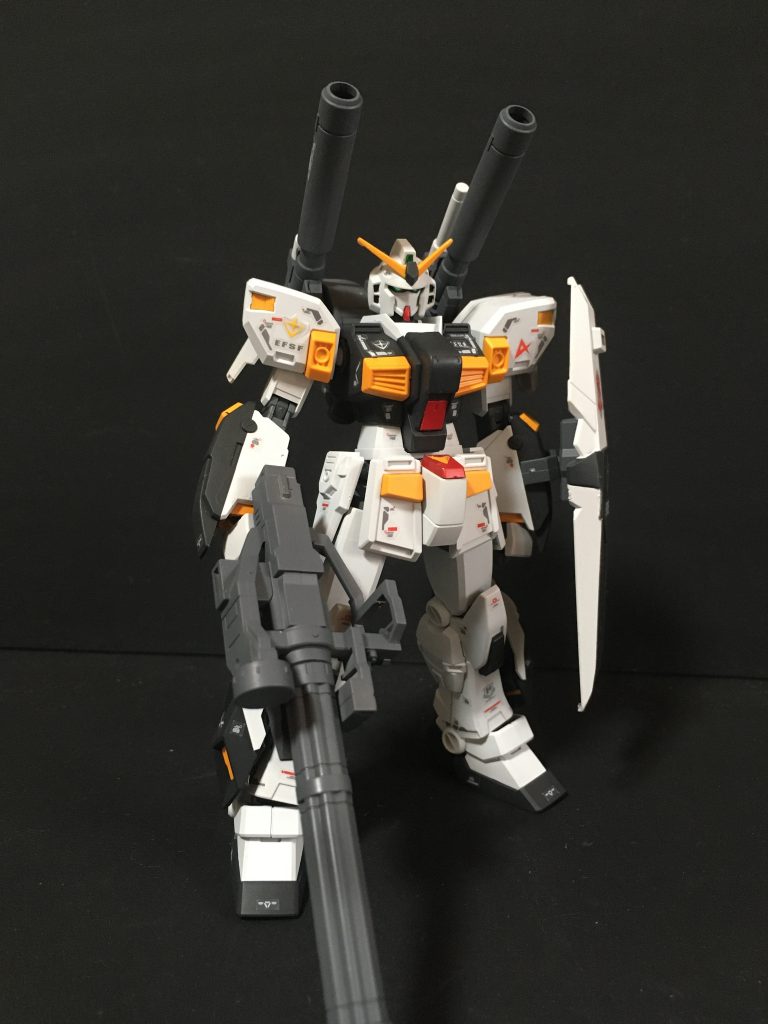 正面右側RGニューガンダムのリアリスティックデカールを使用してRG風にしています。 武装は５号機のガトリングガンとシールドを使用しています。
