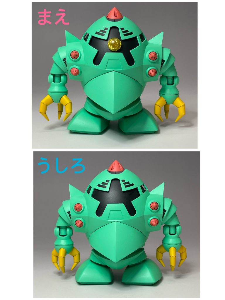 ゾックは前も後ろも全く同じデザインです。腕のパーツは肉抜き穴があったので、埋めました。後ハメ加工のアイデアが出ず、後からモノアイレールを塗ることになり、塗装はちょっとしんどかったです。