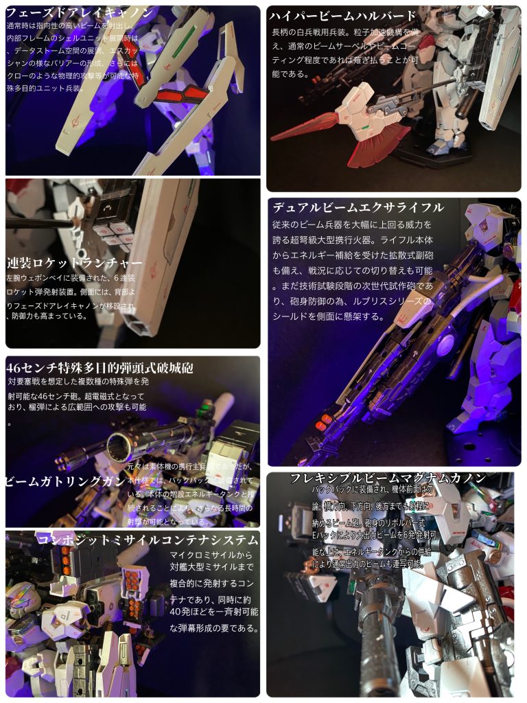 追加兵装には、技術試験中の超弩級携行火器や、オーバーライドによる返り討ちを避ける為にパーメットリンク誘導技術を用いない旧世代式の実弾兵器が選択された。
