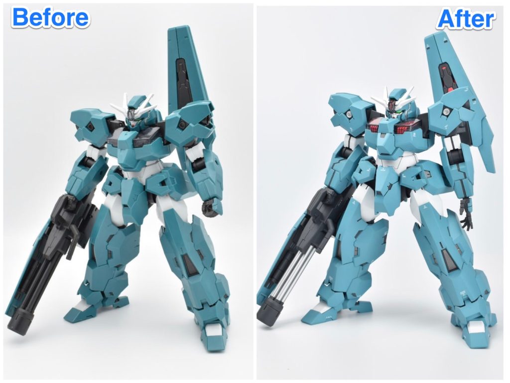 はじめにHG 1/144 ガンダムルブリスウルのビフォーアフターです！左側が仮組み、右側が完成後になります。メインカラーのブルーグリーン？グリーンブルー？は成形色より少し明るめに塗装しました！